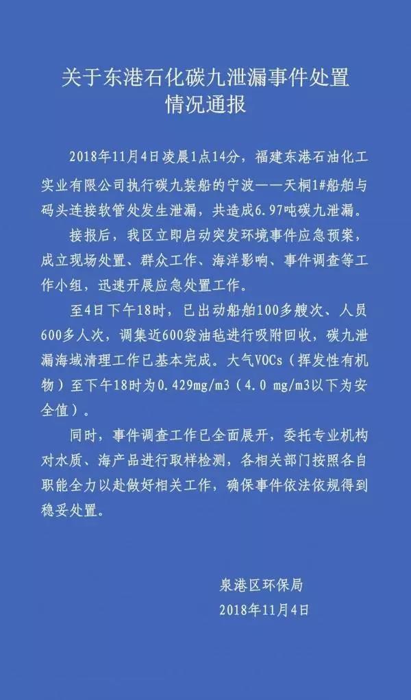 突發(fā)！福建東港石化船舶泄露6.97噸碳九